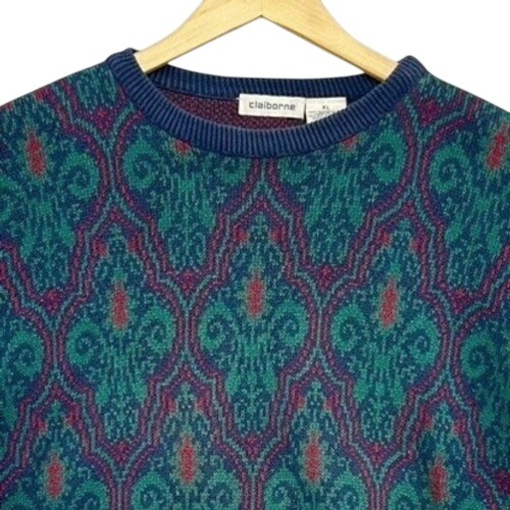VTG Claiborne Knit Cosby Sweater Geometric Pattern Navy Green Pullover SZ XL USA